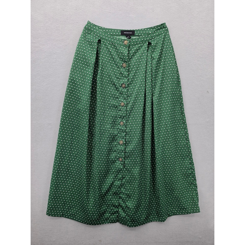 Who What Wear Green Polka Dot Midi Skirt Button Front Pleated Pockets Size 4